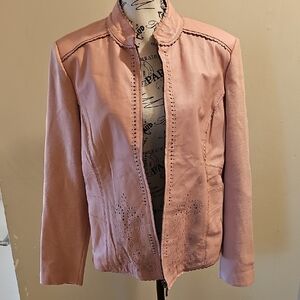 Blush Pink Women's Leather Jacket with Laser-Cut Accents
